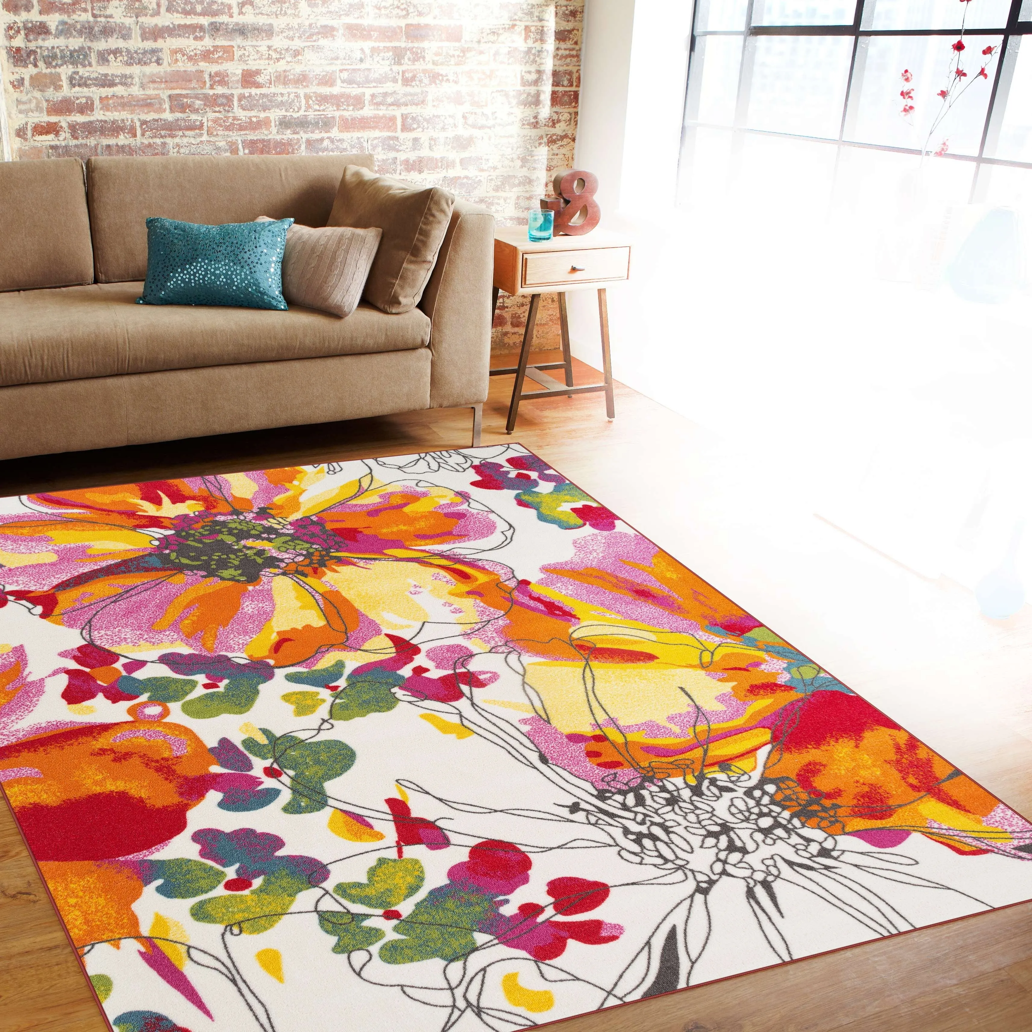 World Rug Gallery Modern Bright Flowers Non-Slip Area Rug Multi