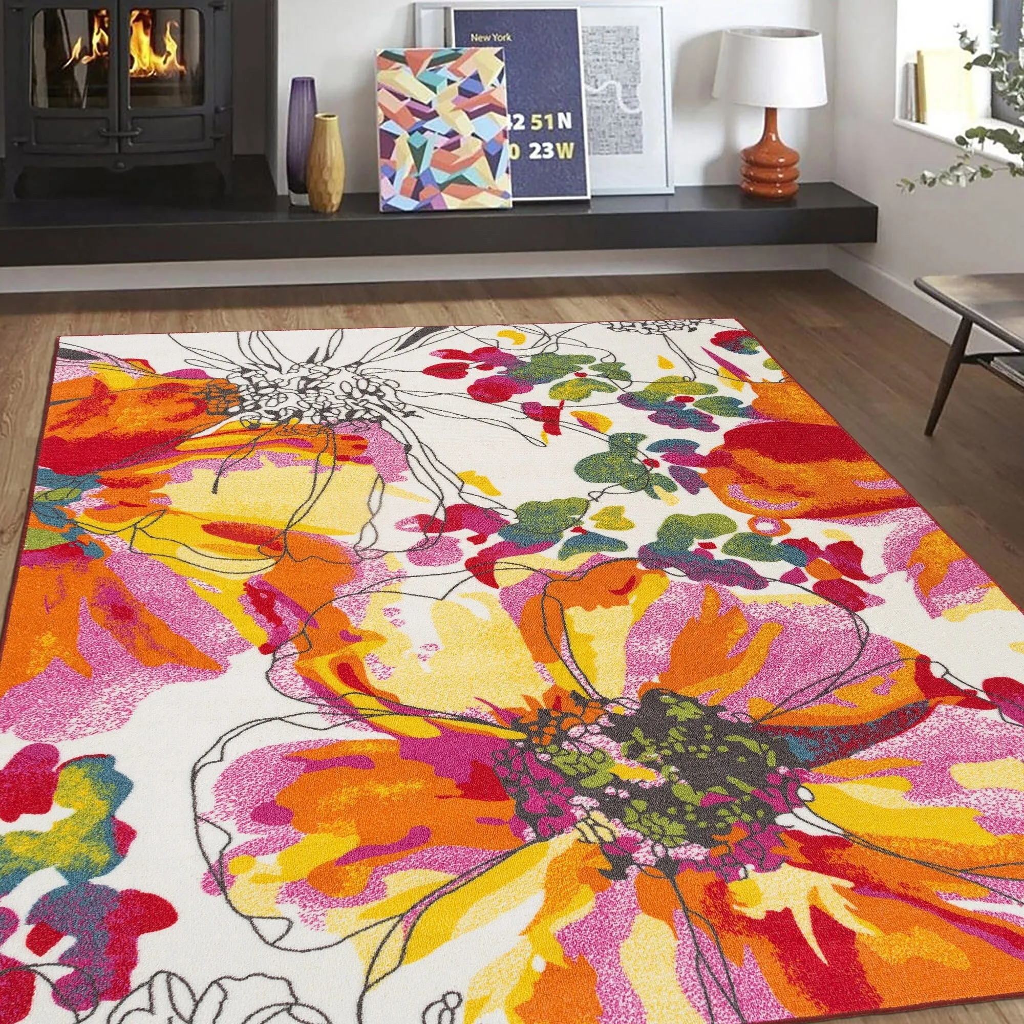 World Rug Gallery Modern Bright Flowers Non-Slip Area Rug Multi