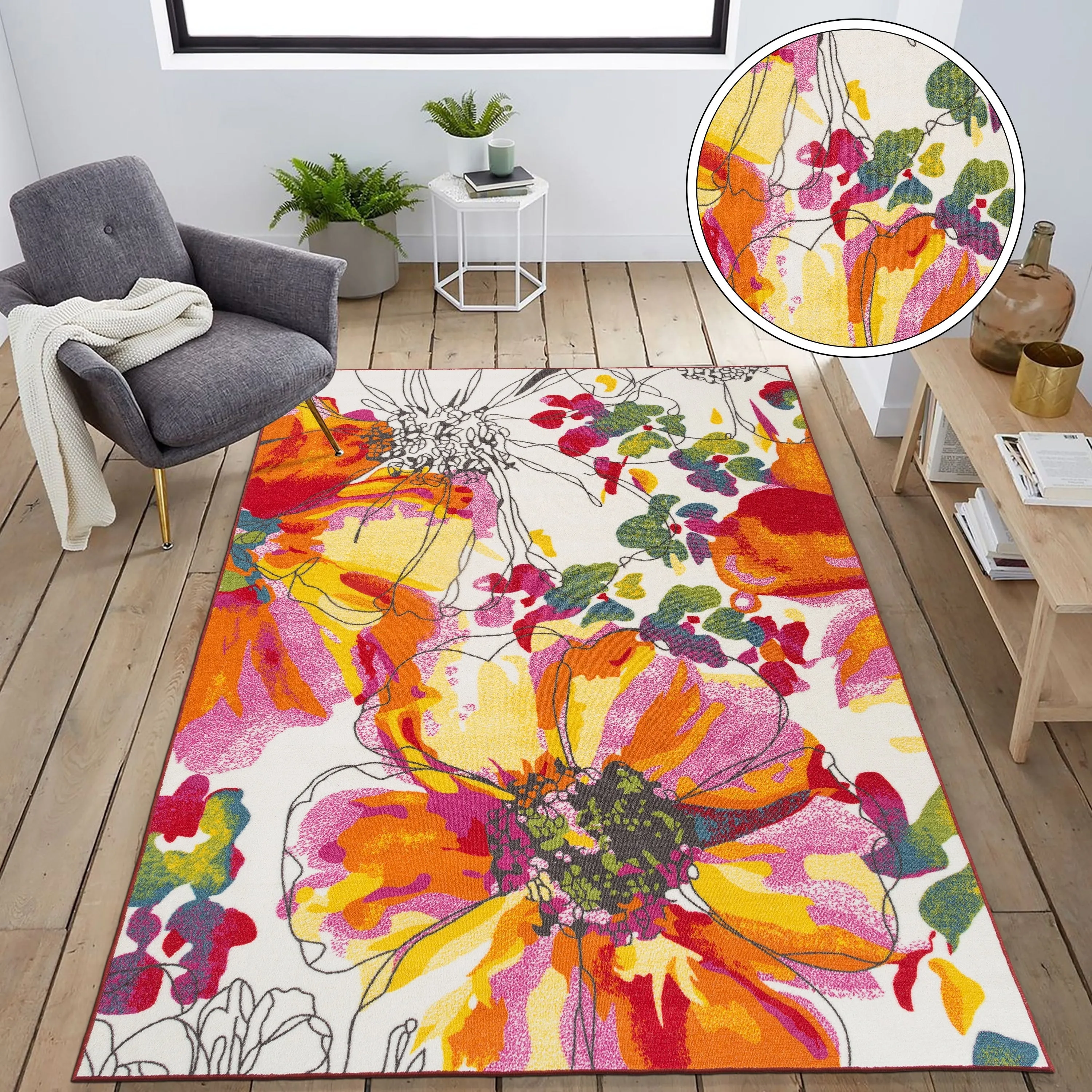World Rug Gallery Modern Bright Flowers Non-Slip Area Rug Multi