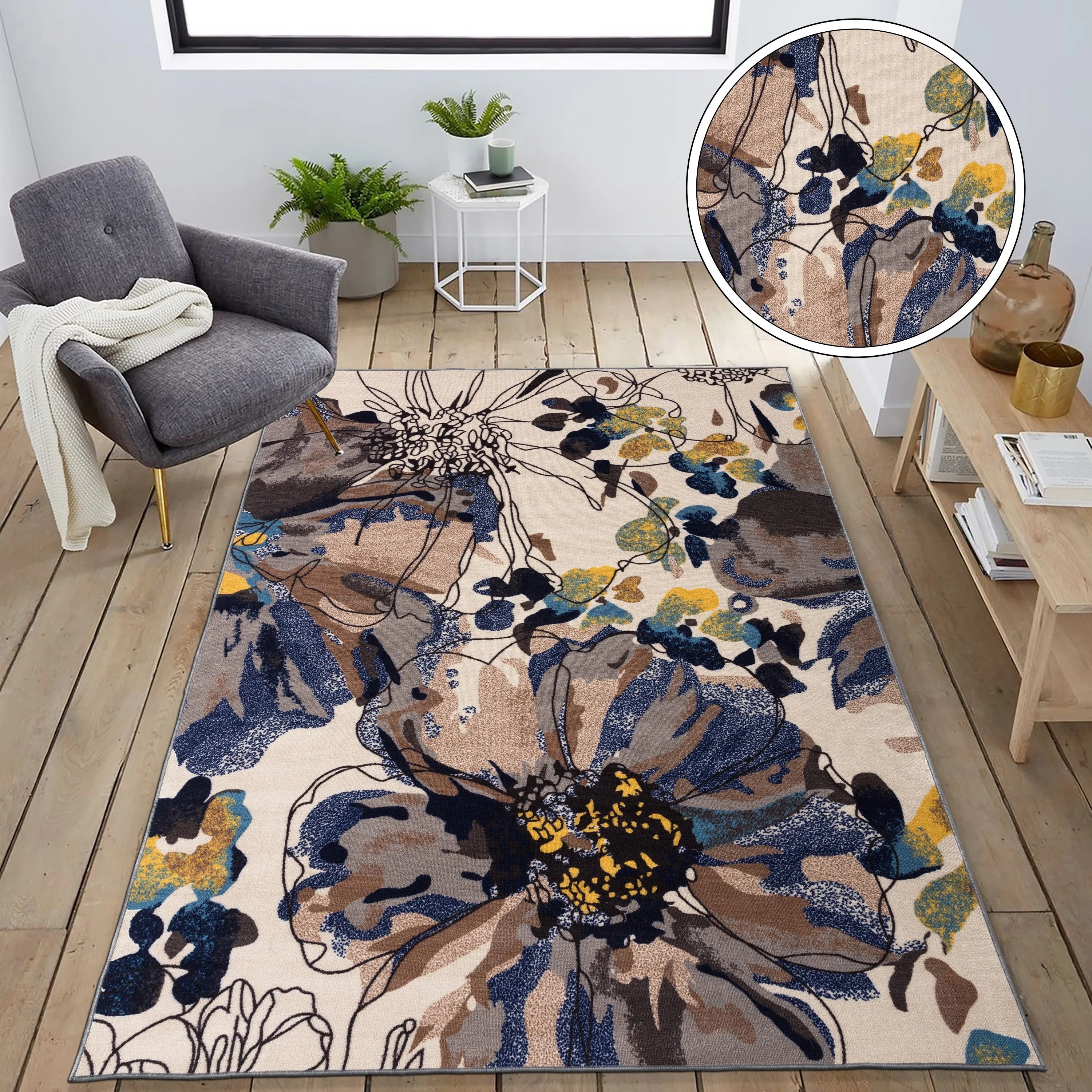 World Rug Gallery Modern Bright Flowers Non-Slip Area Rug Multi